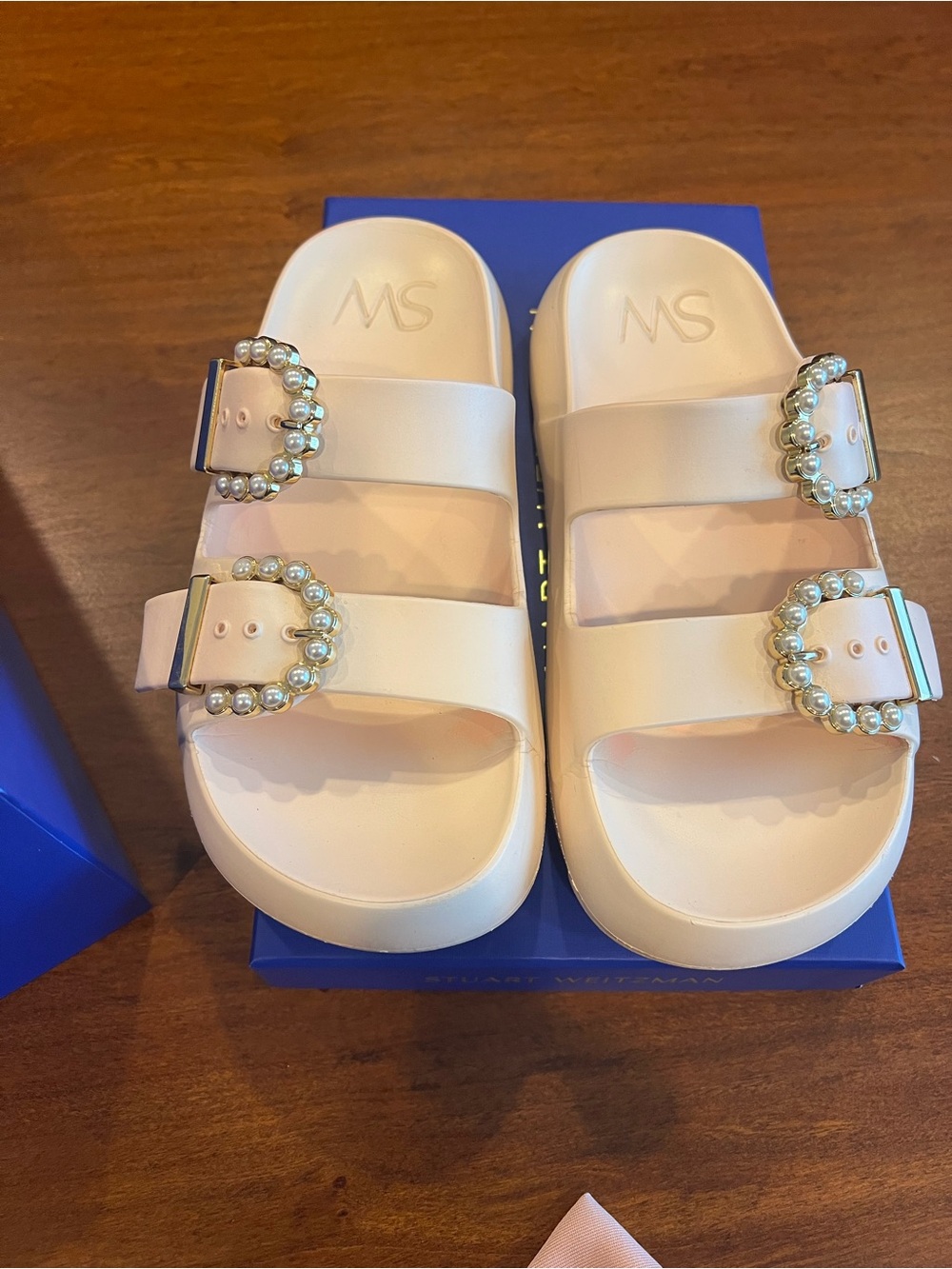 Stuart Weitzman Pearl-Buckle Slide Sandals in Light Pink